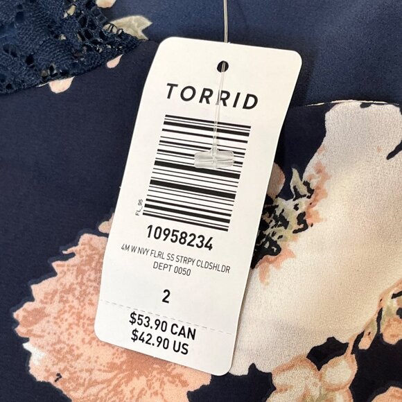 Floral Cold-Shoulder Strappy Navy Blouse Womens Size 2 By Torrid new with tags - Picture 3 of 3